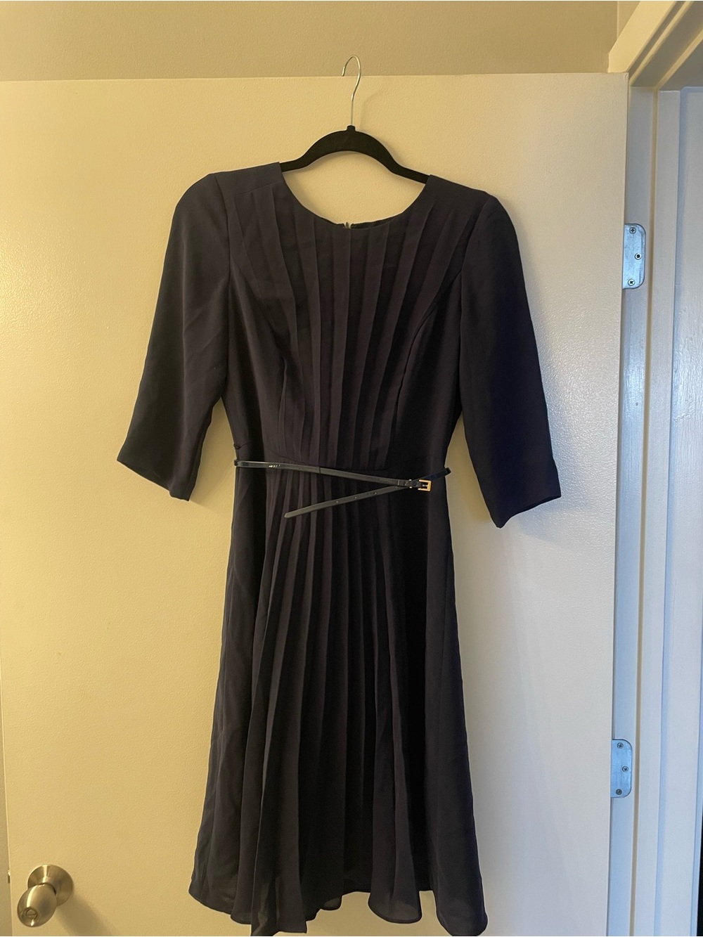 Adrianna Papell Navy Pleated Midi Dress with Slim Belt